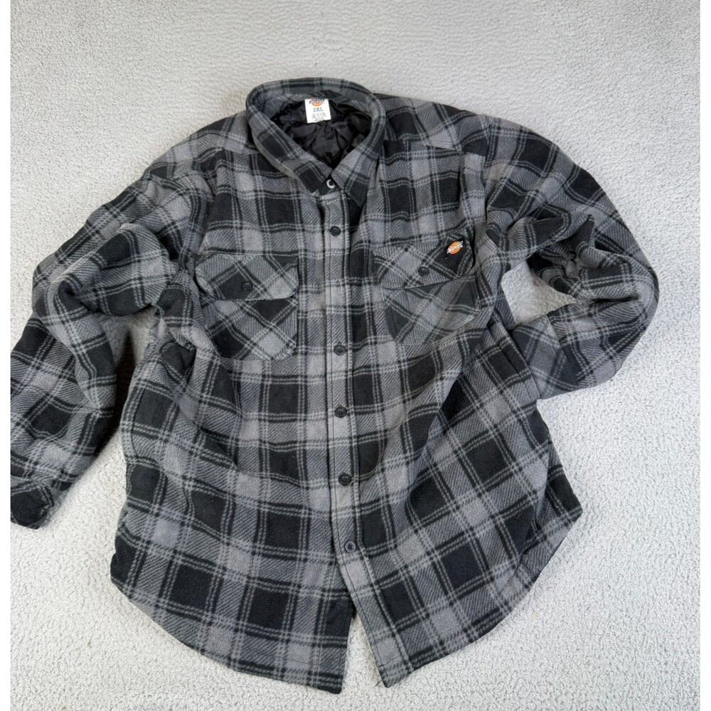 DICKIES‎ Shirt Jacket Mens 2XL Black Gray Plaid Quilted Lined Shacket Workwear